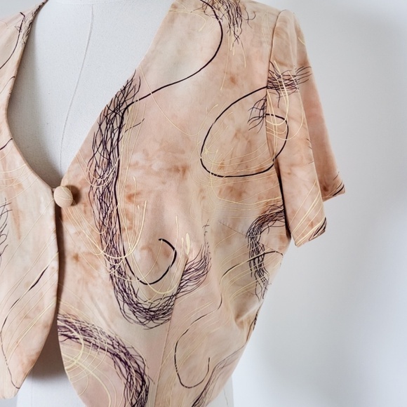 Tan Cropped Cardigan Shoulder Pads Single Button Closure Bolero Shawl Crop - Picture 7 of 10